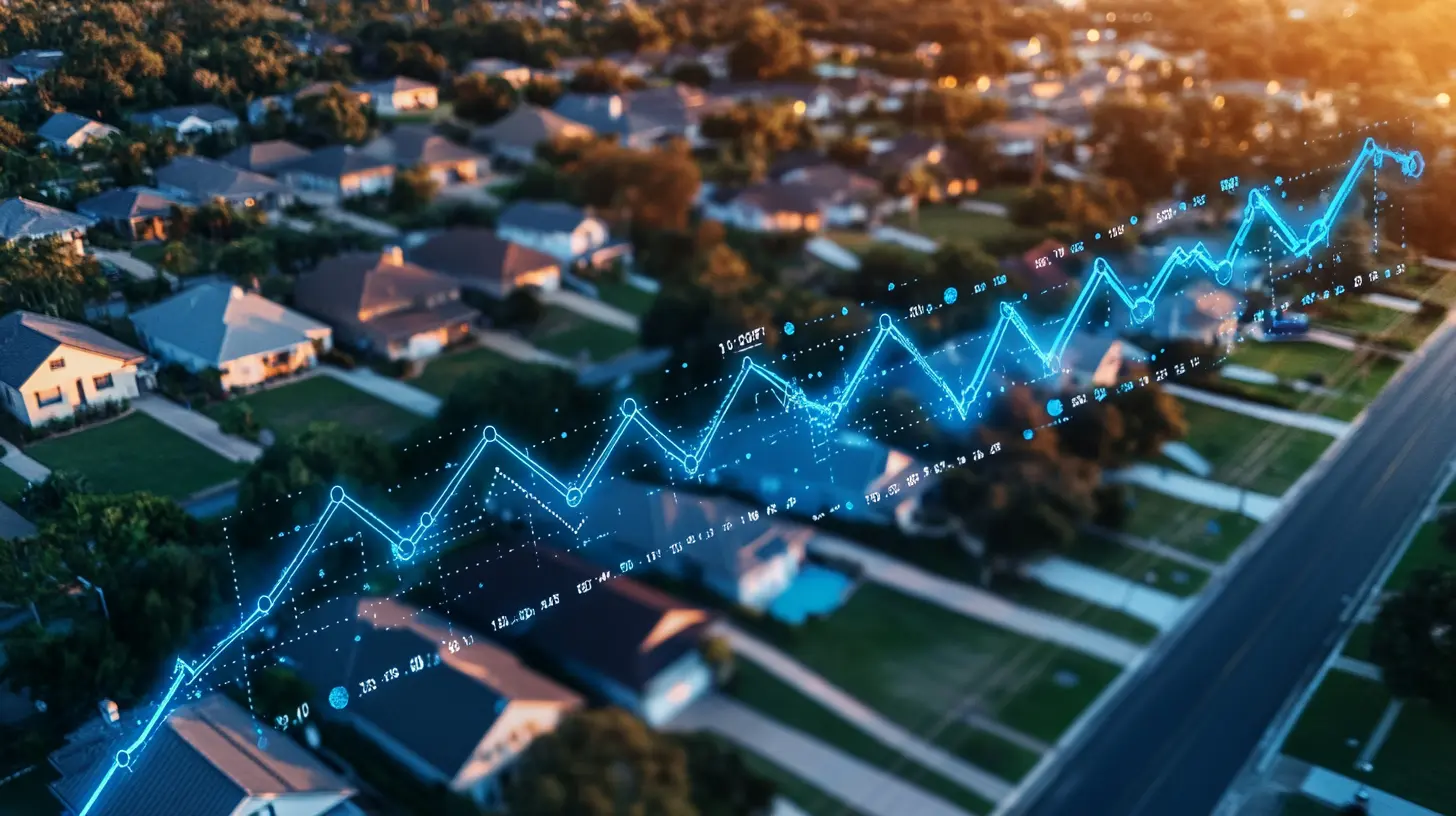A chart displaying lower mortgage rates driving inventory growth in a suburban neighborhood with houses and streets, featuring detailed data points on weekly inventory changes and new listings.