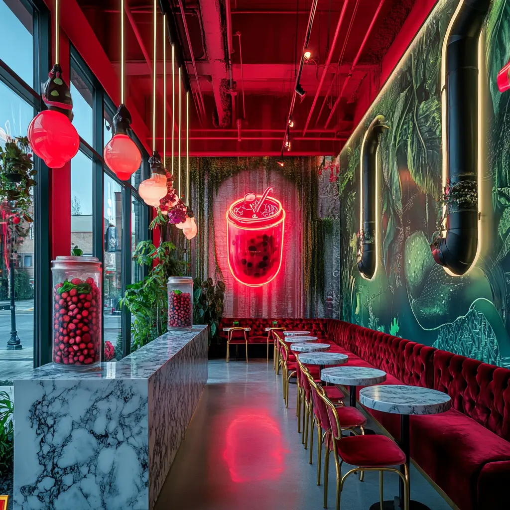 Luxurious Boba Shop Interior: A Visual Feast for the Senses A luxurious boba shop interior with sleek marble countertops, gold accents, and artistic lighting, showcasing vibrant bubble tea drinks on a backlit menu wall.