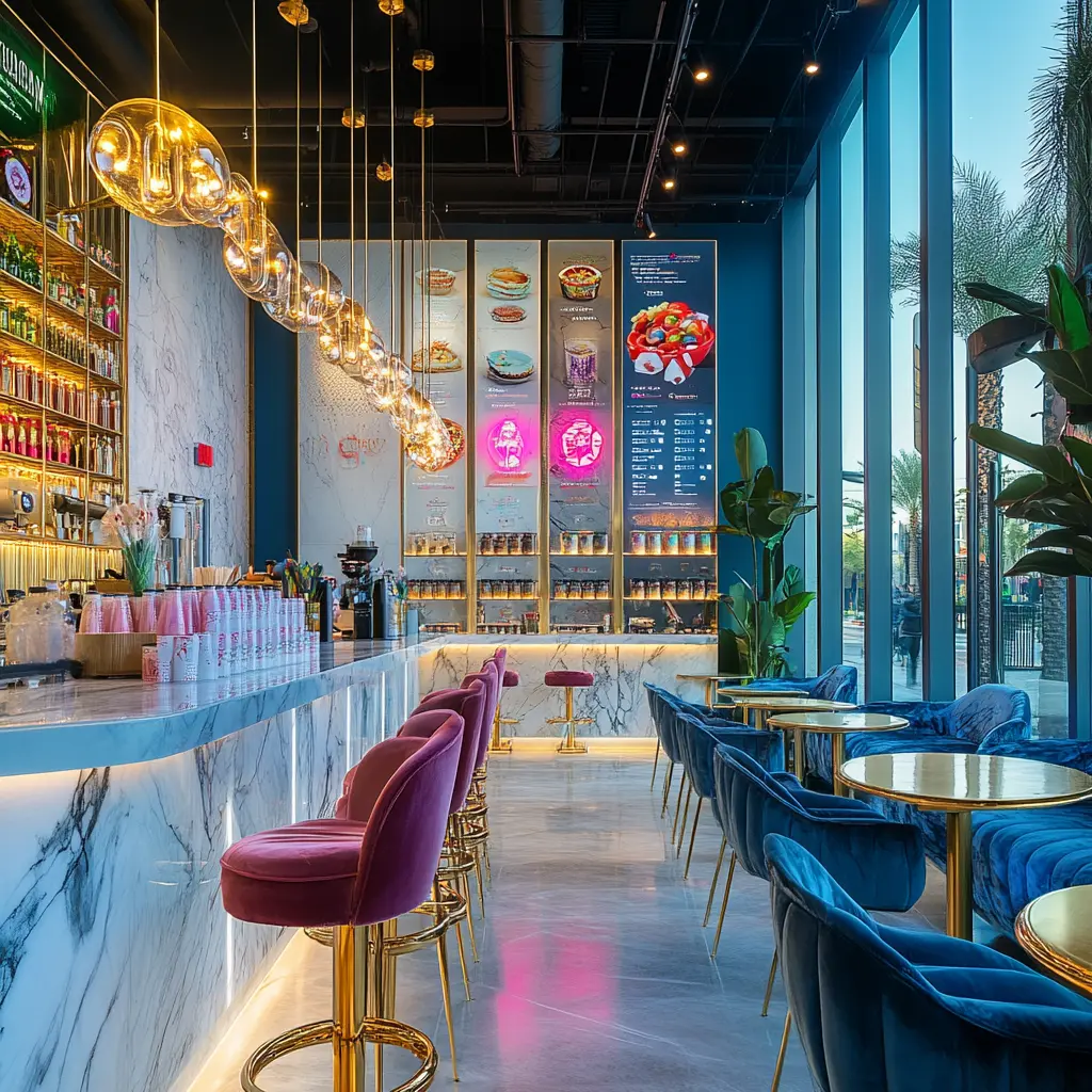 Luxurious Boba Shop Interior: A Visual Feast A luxurious boba shop interior with sleek marble countertops, gold accents, and artistic lighting fixtures.