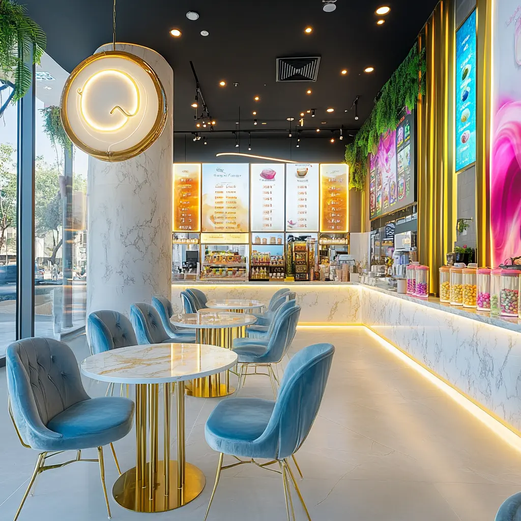 Luxurious Boba Shop Interior: A Visual Feast A luxurious boba shop interior with sleek marble countertops, gold accents, and artistic lighting fixtures.