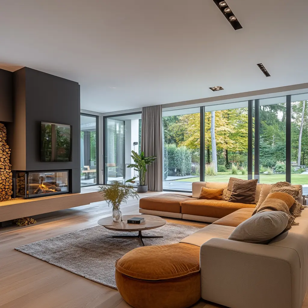 Bright and Airy: Luxurious German Living Room A bright and airy living room in a German home, featuring natural materials and minimalist design.