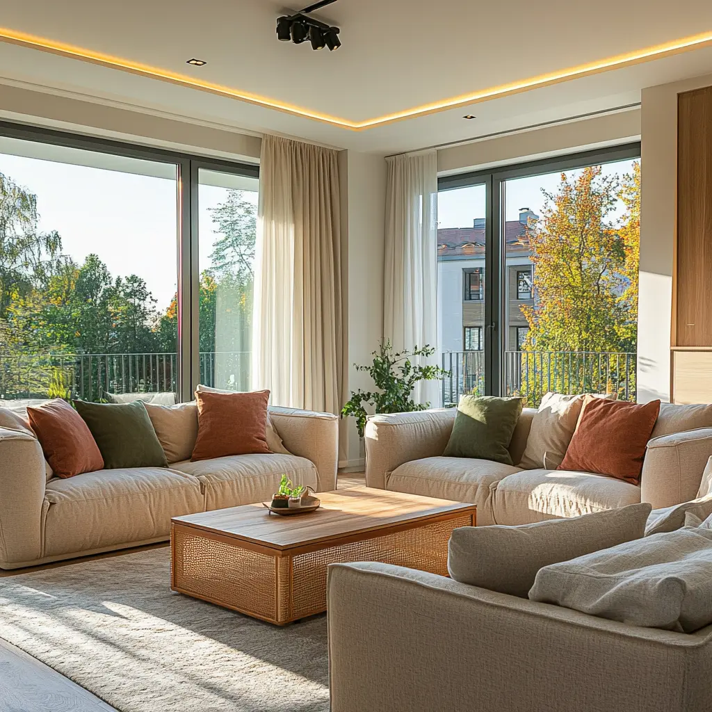 Luxurious Living Room with Daylight & Boho Chic Style A luxurious living room with two comfortable sofas, a cozy armchair, and a breathtaking view from a large window.