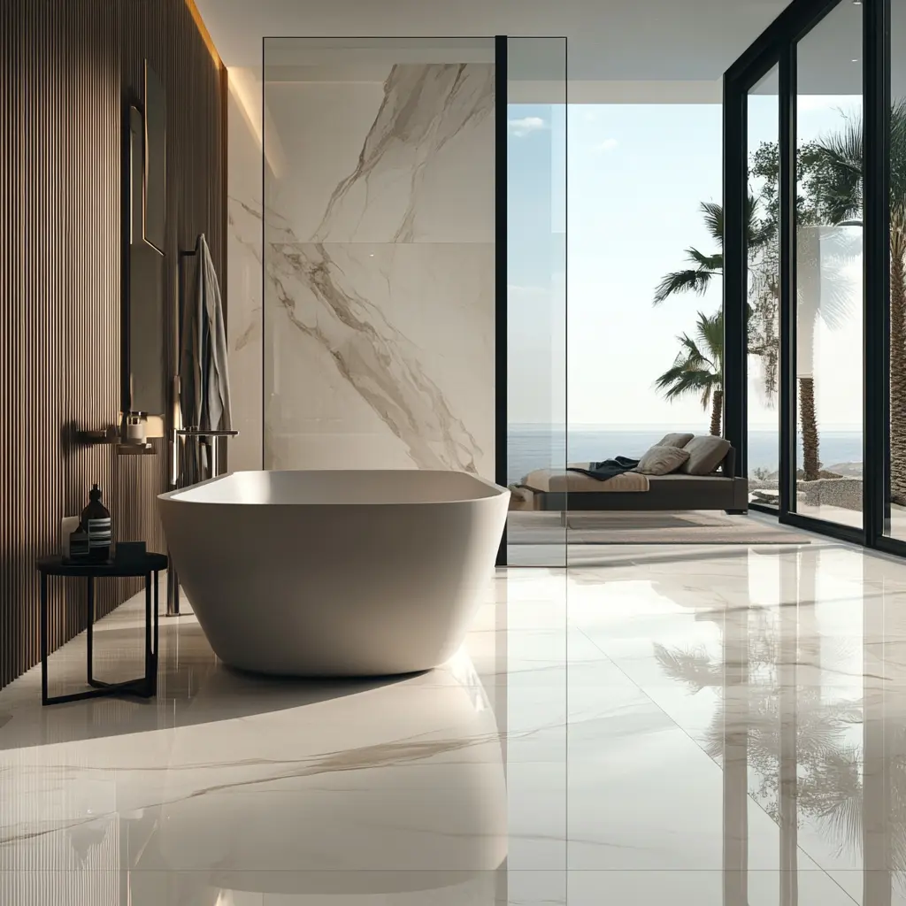 Luxury Bathroom Inspiration: Porcelain Tile Design Ideas Photorealistic image of a luxury bathroom with large-format porcelain tiles covering the floors and walls, inspired by Porcelanosa.
