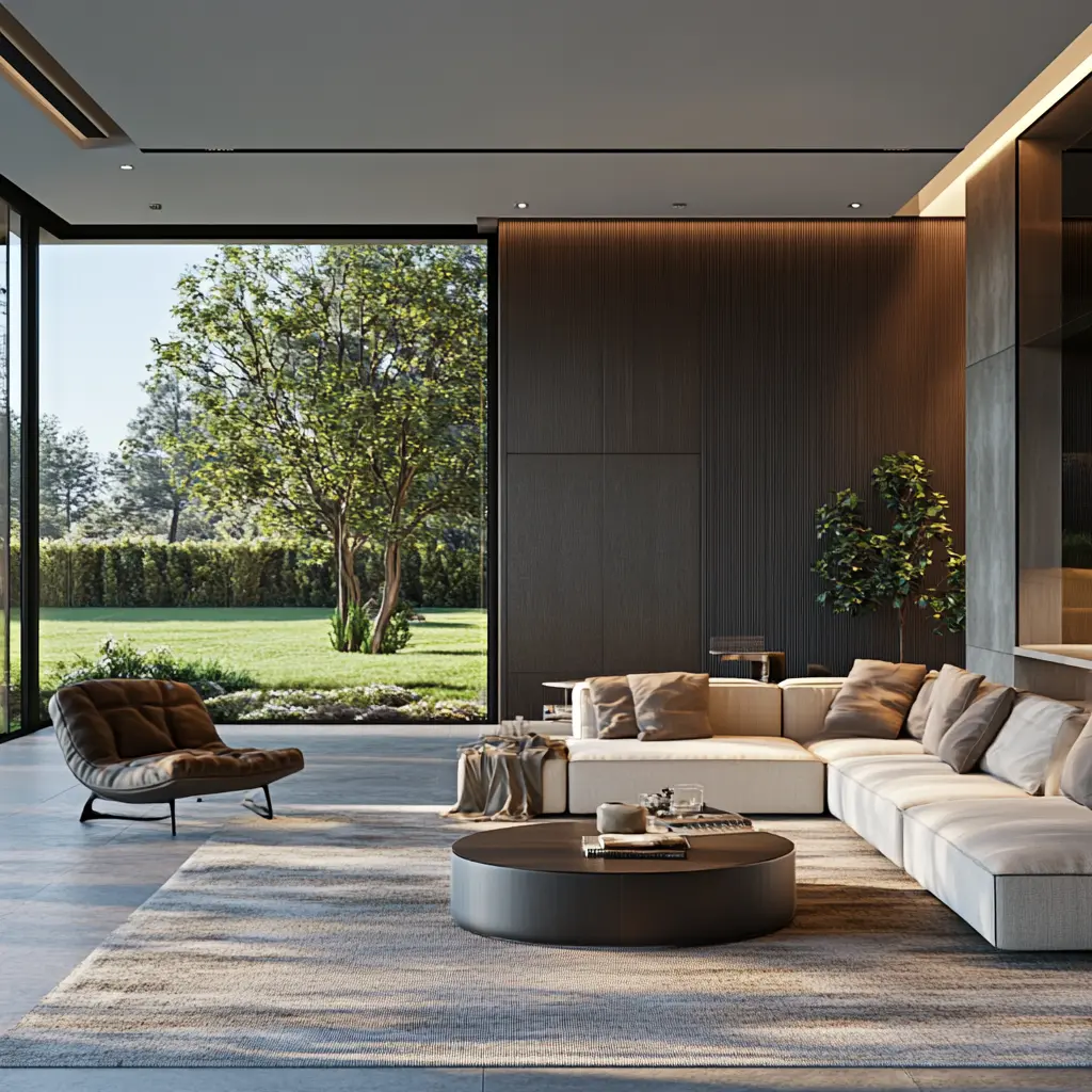 Luxury Living Room with Attached Lawn: CGI Rendering A CGI rendering of a luxurious living room with a neutral color palette, featuring comfortable furniture and a view of an attached lawn.