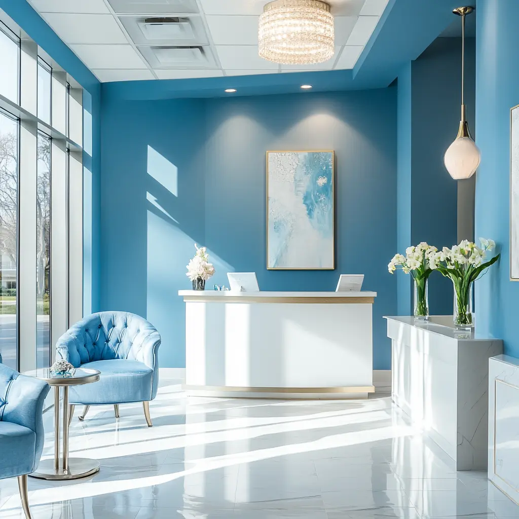 Luxurious MedSpa Interior with Natural Sunlight A bright and airy med spa interior with large windows and soft blue accents.