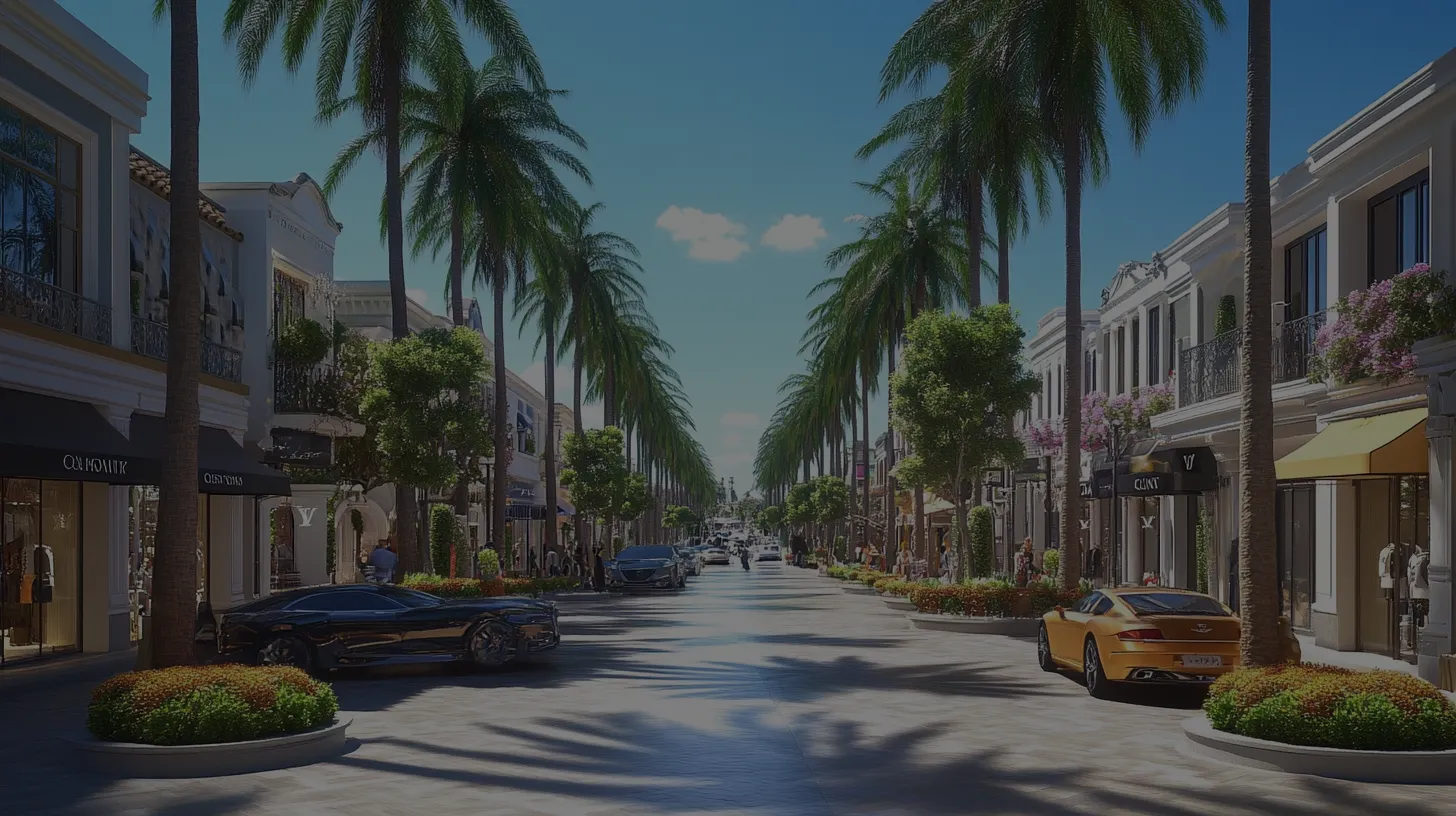 A hyperrealistic image of a luxury shopping street in Los Angeles with storefronts for Louis Vuitton, Goyard, and Chanel.
