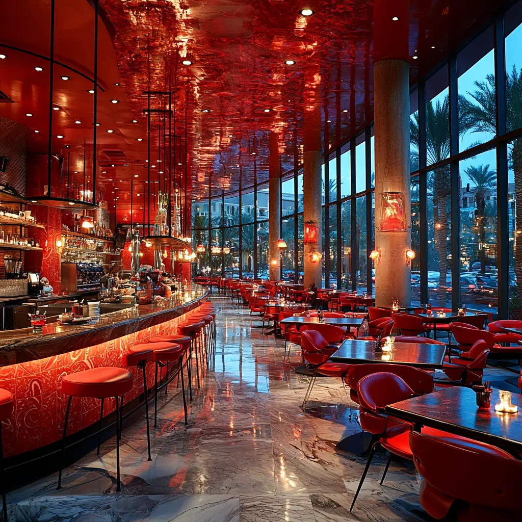 Mandalay Bay Inspired Cafe Interior A cozy cafe interior with design elements reminiscent of the Mandalay Bay hotel, featuring