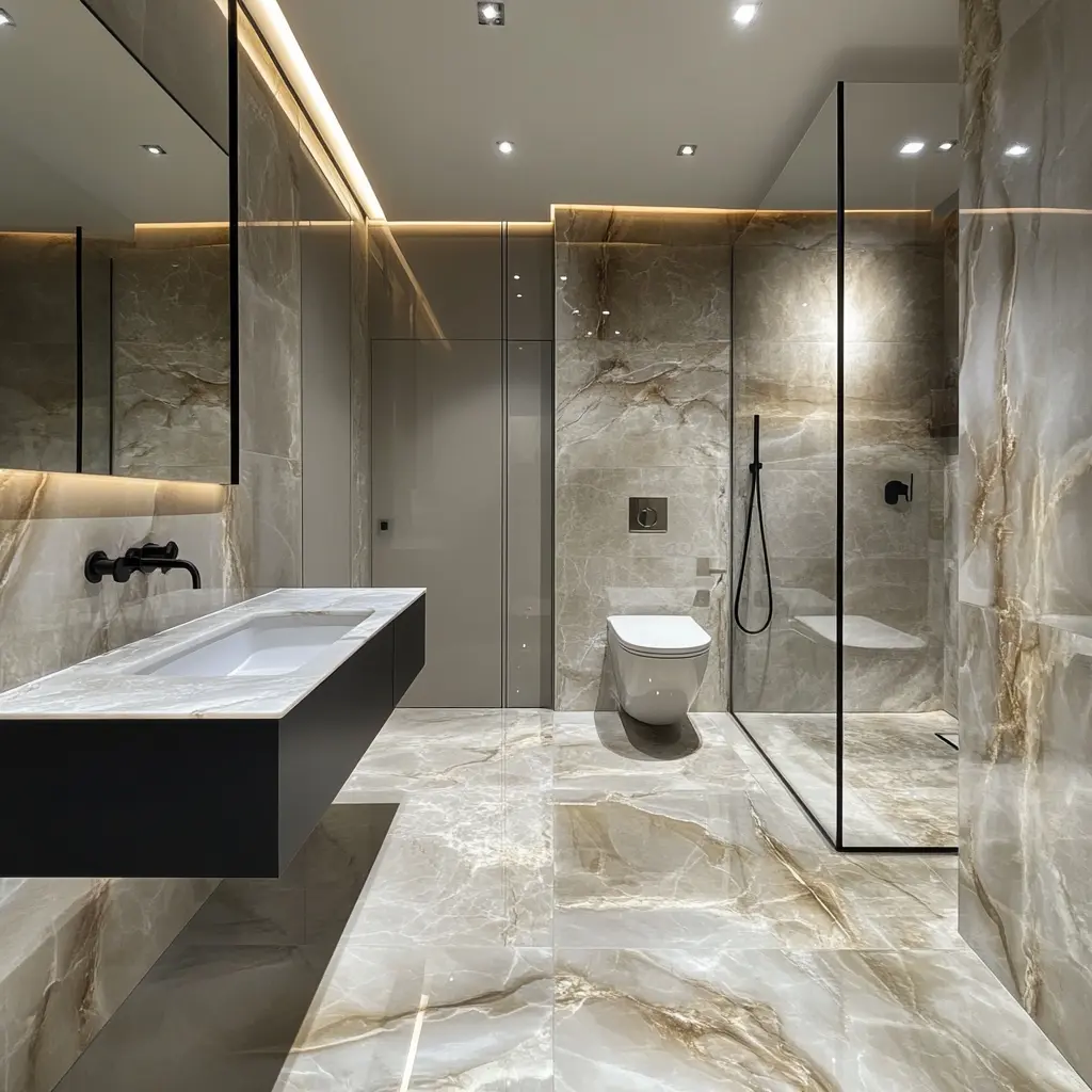 Luxurious Bathroom with Marble Porcelain Tiles A spacious bathroom with large marble porcelain tiles covering the walls and floor.