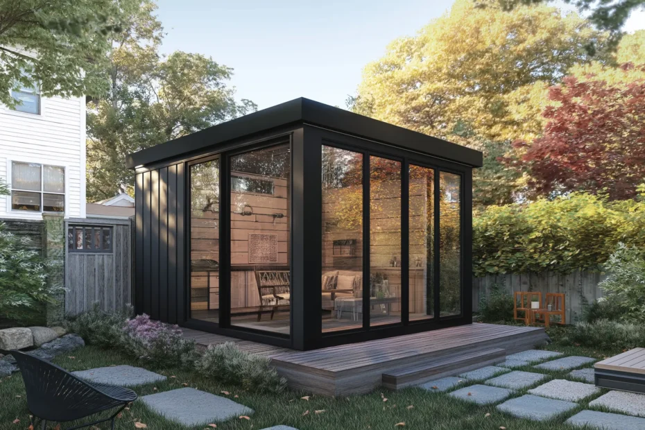 A 3D rendering of a modern accessory dwelling unit in a Melrose, Massachusetts backyard.