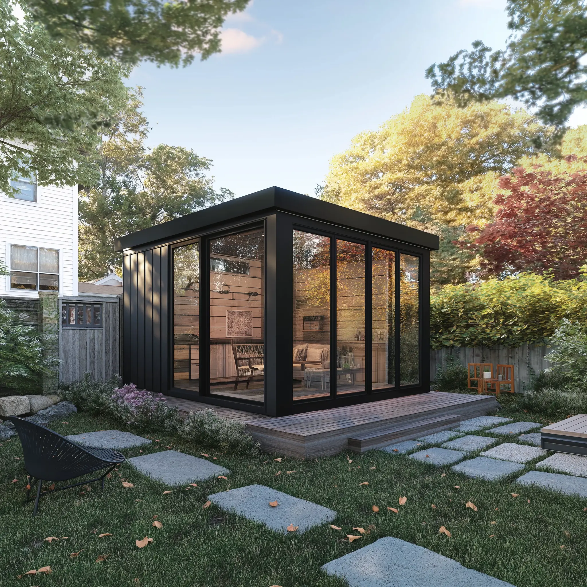 A 3D rendering of a modern accessory dwelling unit in a Melrose, Massachusetts backyard.