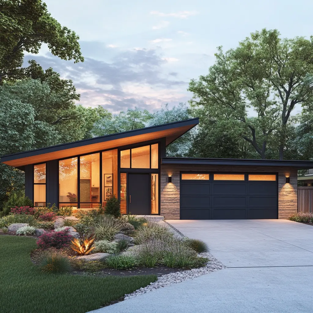 Mid-Century Modern Bungalow with Angled Roof and Two-Car Garage Exterior of a mid-century modern bungalow with an angled roof and two-car garage.