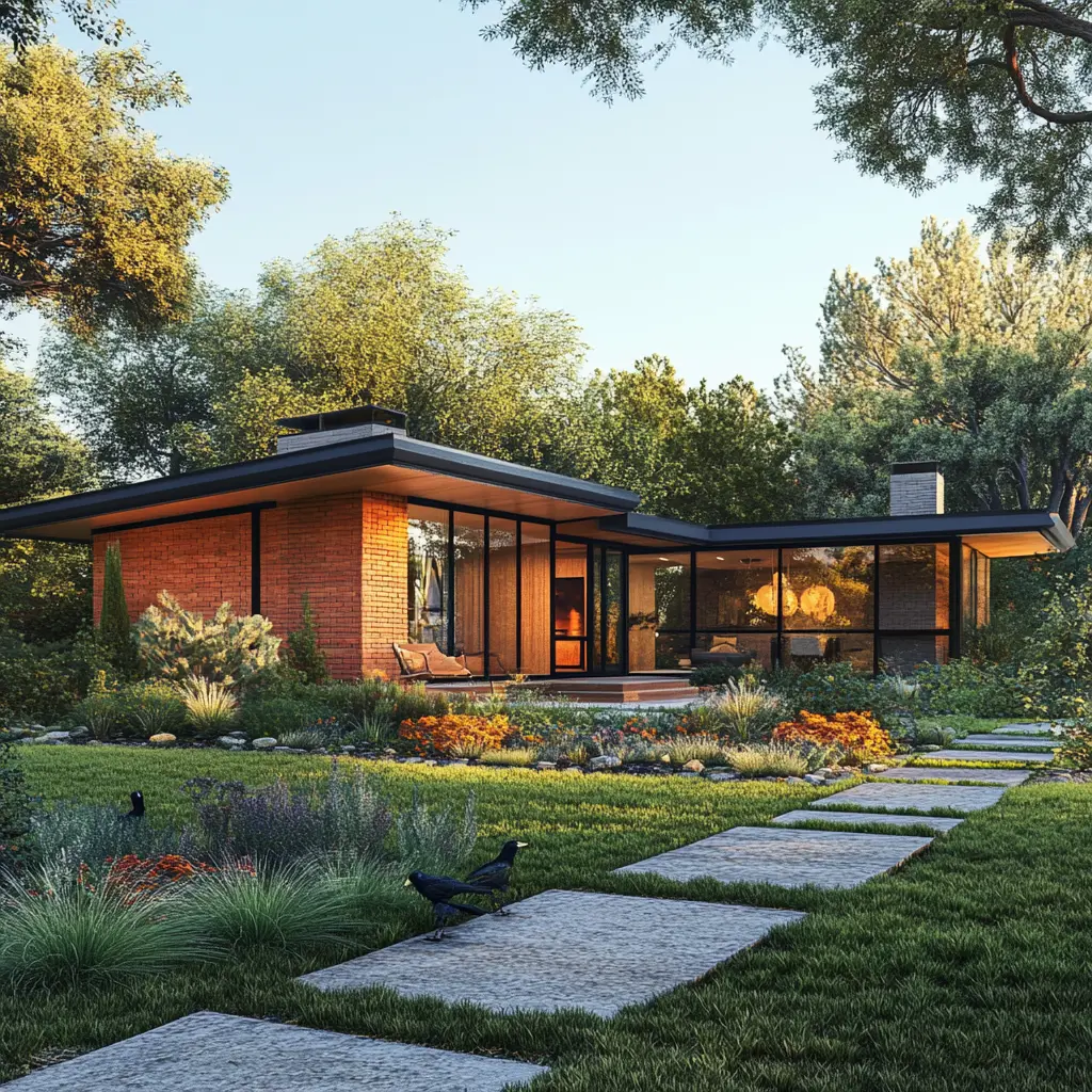 Mid-Century Modern Dream Home: California Style A single-story mid-century modern house with a drought-tolerant garden and crows perched on the roof.