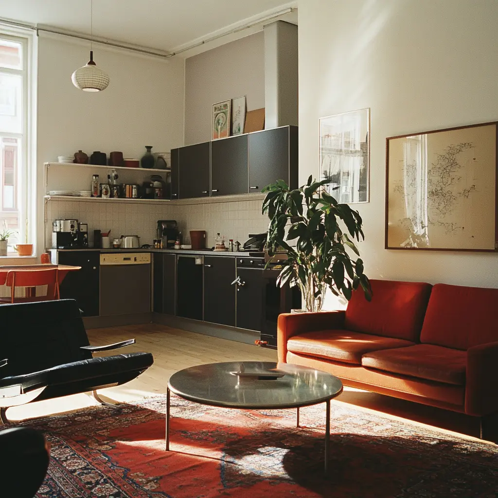 A stylish living room with mid-century modern and Japanese influences, featuring vintage furniture and warm lighting.