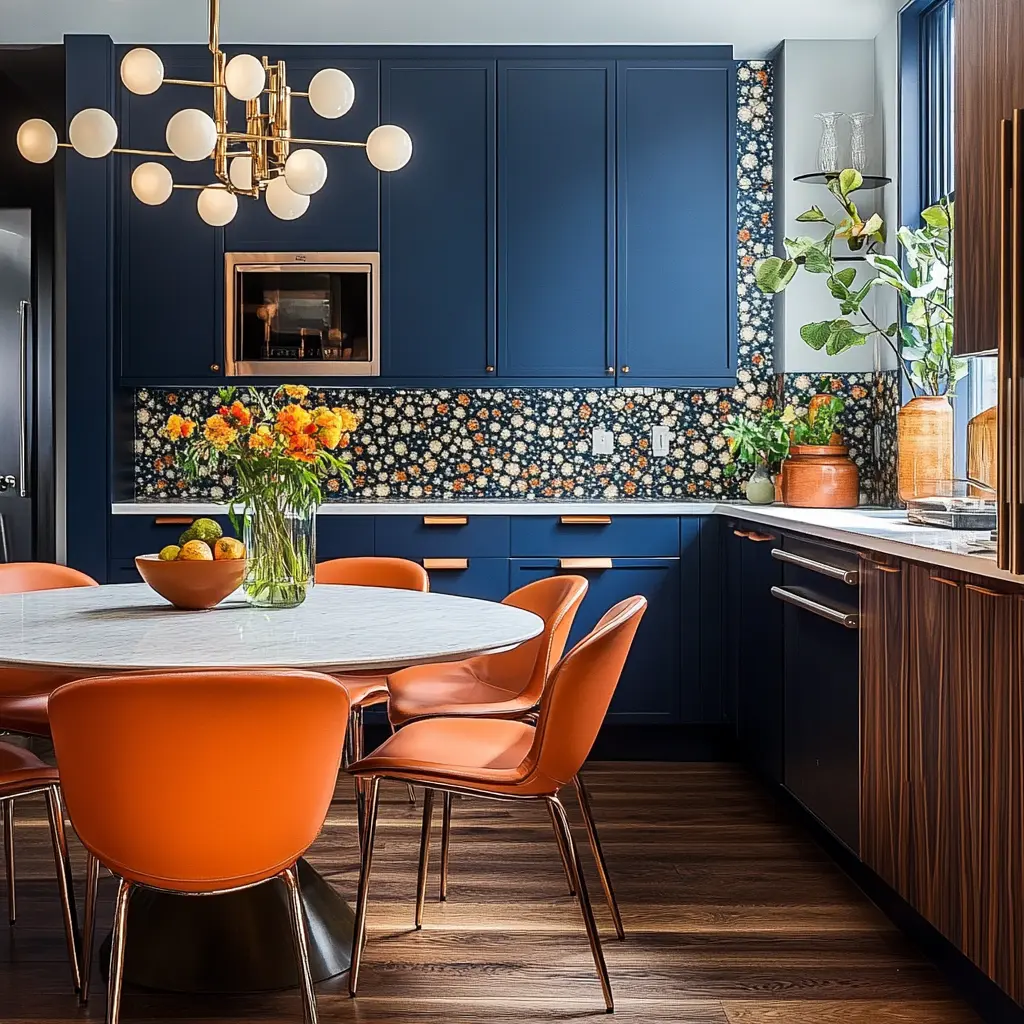 A mid-century modern kitchen with navy blue cabinetry, a wooden countertop, and bright orange dining chairs.