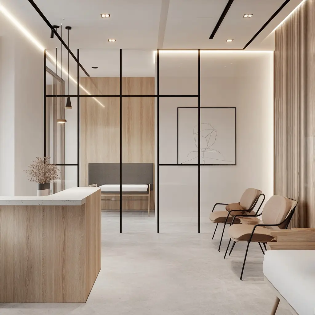 Minimalist Aesthetic Medicine Clinic Interior Design: 150m2 of Modern Elegance The reception area of a minimalist aesthetic medicine clinic with a sleek reception desk, modernist moooi armchairs, and a glass wall separating it from the medical offices.