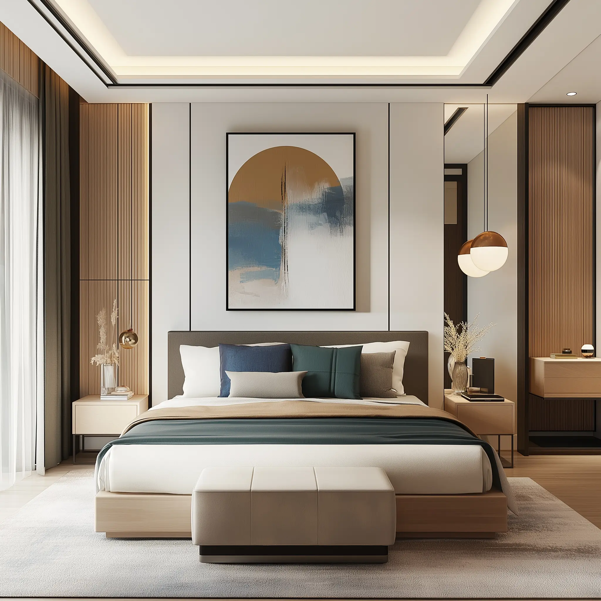 Minimalist 224 sq ft Bedroom Design with a Touch of Art Deco A 3/4 angle shot of a 224 sq ft minimalist bedroom with lighter tones in shades of blue, green, beige, and white.