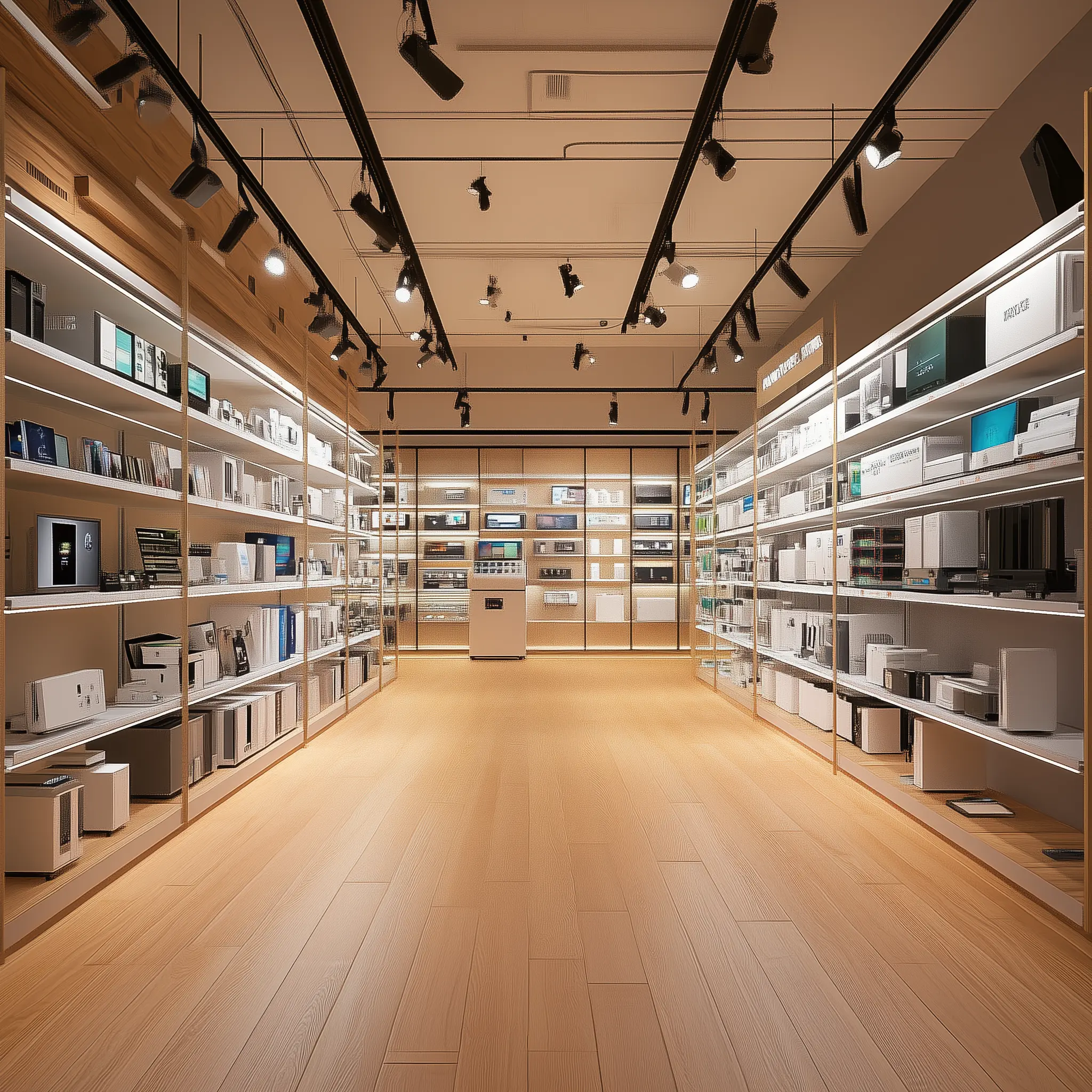Minimalist Electronics Store Interior: Clean and Modern Design A minimalist electronics store interior with clean lines, wooden floors, and empty shelves.