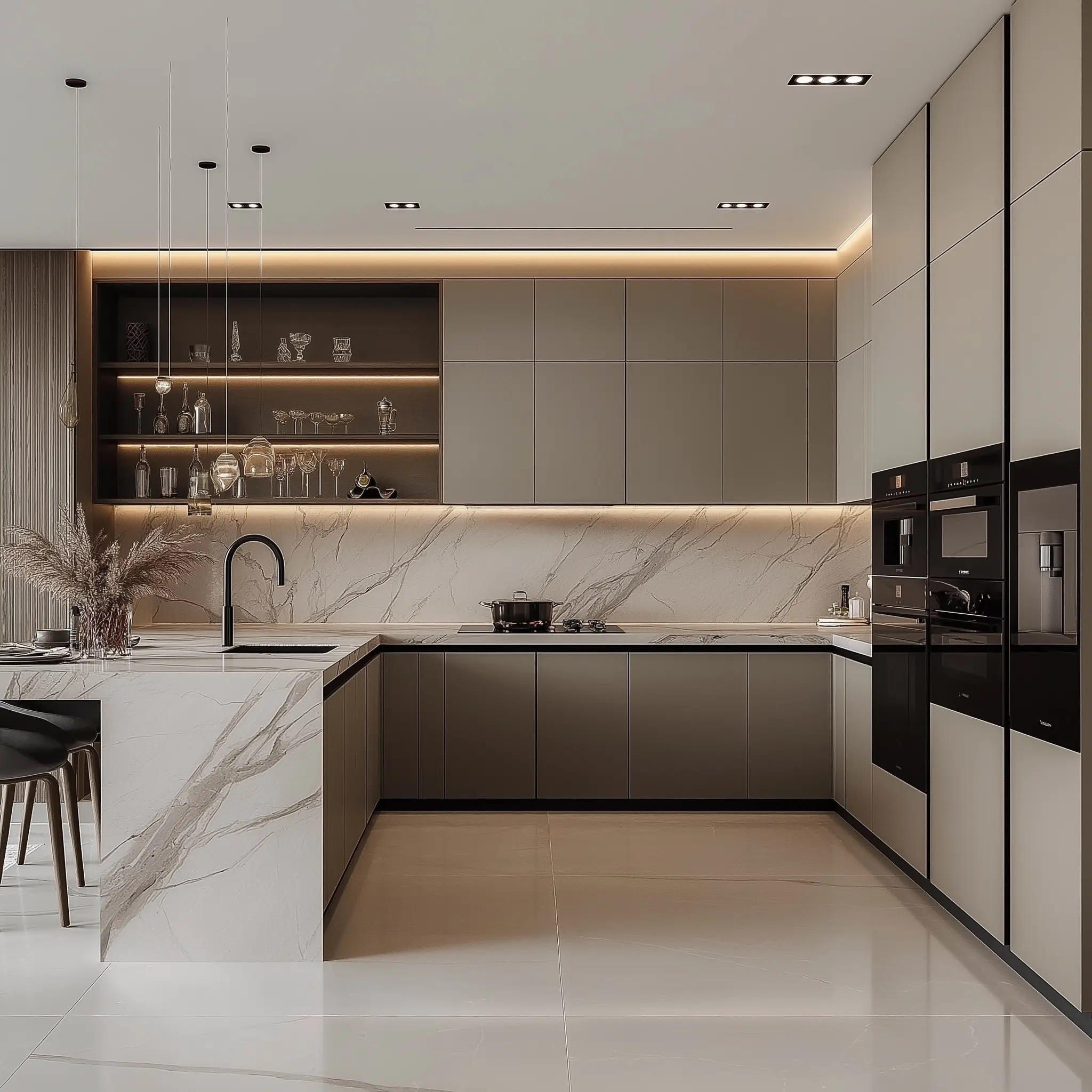 Minimalist H-Shaped Kitchen Design: 300x360 cm 3D rendering of a minimalist H-shaped kitchen with beige and gray cabinets, a black induction stove, and a marble countertop.