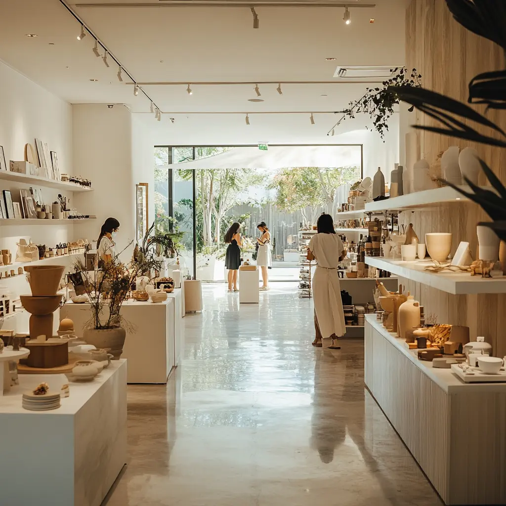 Minimalist Home Decor Shop: A Visual Guide Customers browsing through minimalist home decor items in a bright and airy shop.