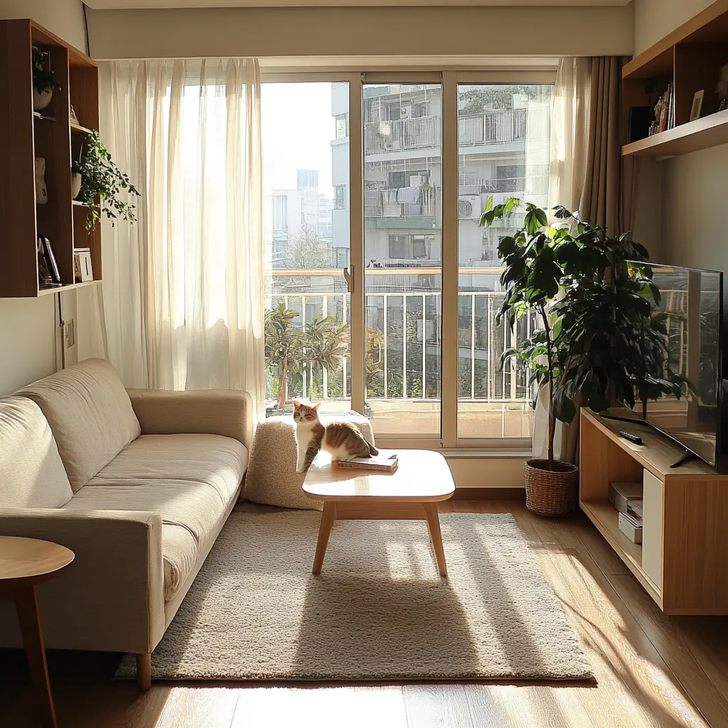 A minimalist living room with a 3-seat sofa, a sofa table, and a potted plant.