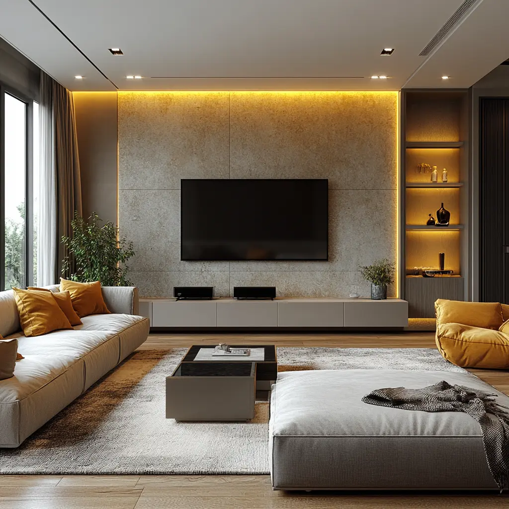 Minimalist Living Room with Wall-Mounted TV A minimalist living room with a wall-mounted widescreen TV and simple, stylish furniture.
