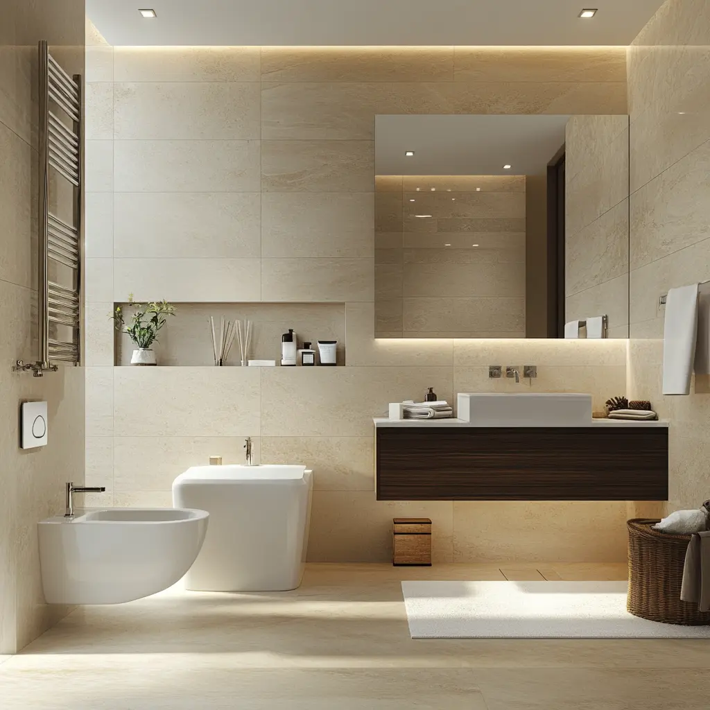 Minimalist Modern Bathroom Design with Natural Colors A minimalist modern bathroom with white subway tiles, a wooden vanity, and a large mirror.