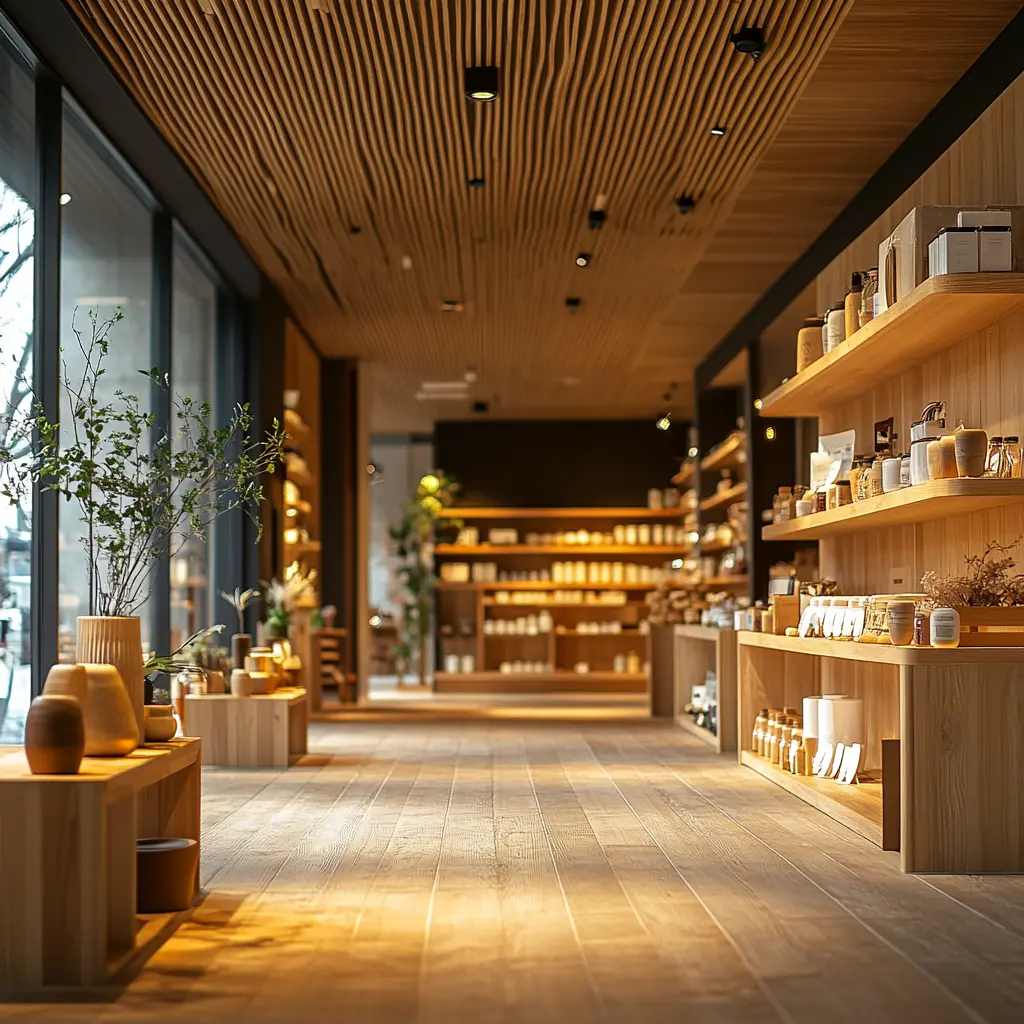 High-End Retail Space for Cultural and Creative Products A minimalist retail interior with carefully curated products, showcasing a depth of field effect.