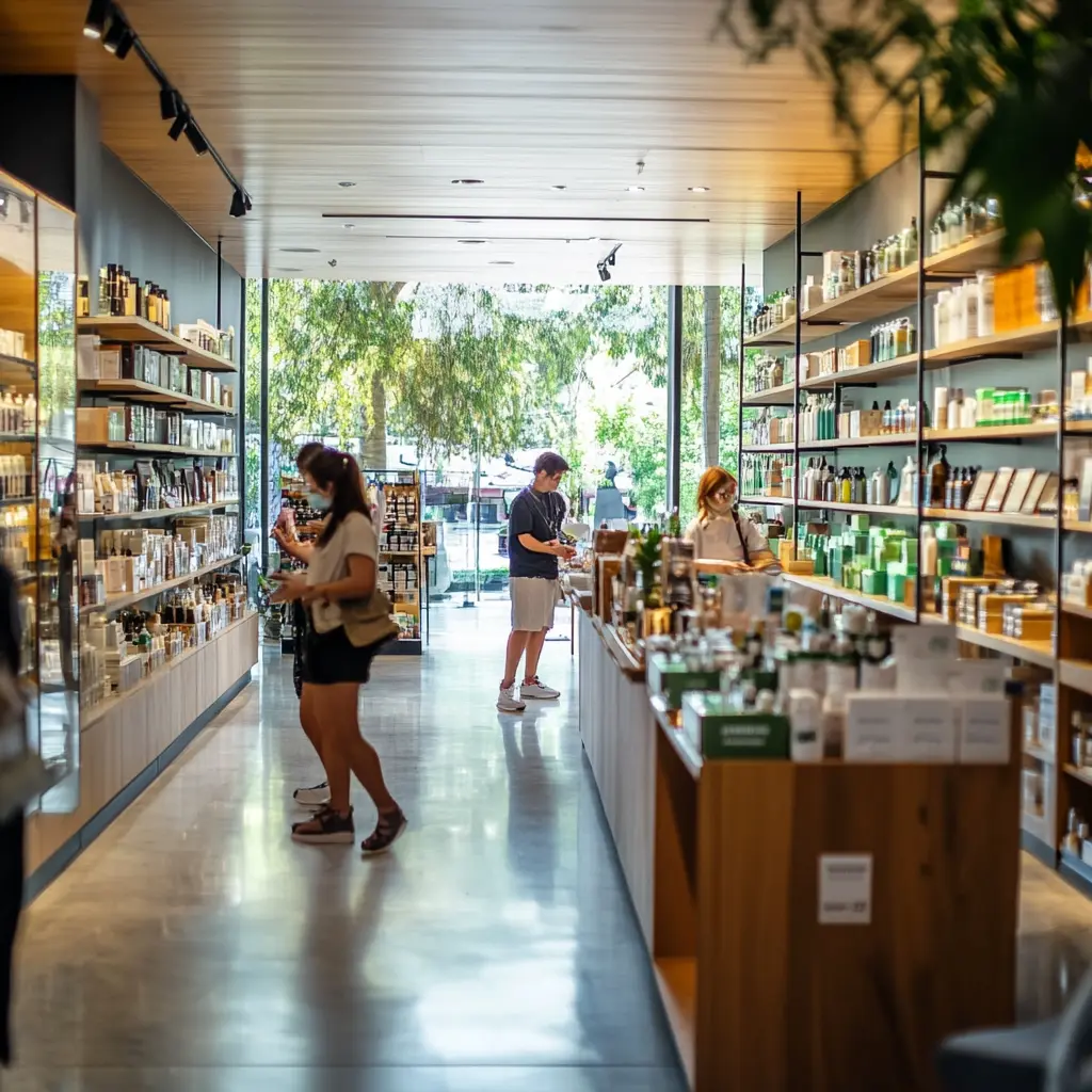 Minimalist Retail Store Interior Design A modern retail store interior with minimalist product displays, strategically placed warm lighting, and a customer browsing products.