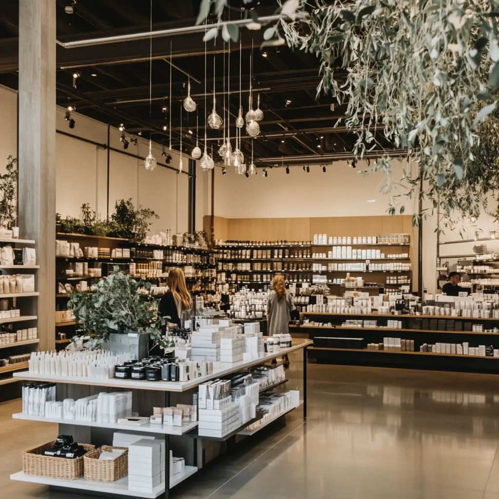 Minimalist Retail Store Interior Design A modern retail store interior with minimalist product displays, strategically placed warm lighting, and a customer browsing products.