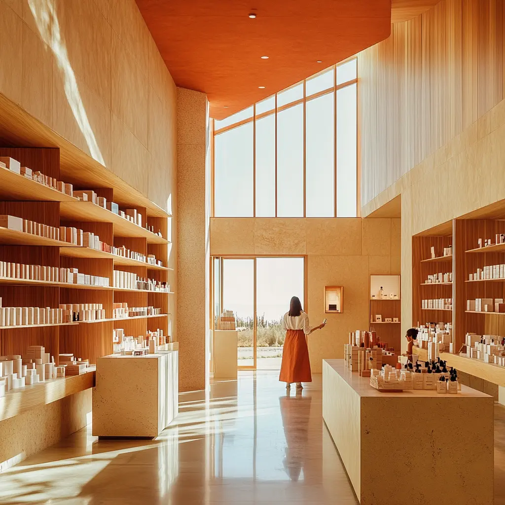 Minimalist Retail Store Interior Design A modern retail store interior with minimalist product displays, strategically placed warm lighting, and a customer browsing products.