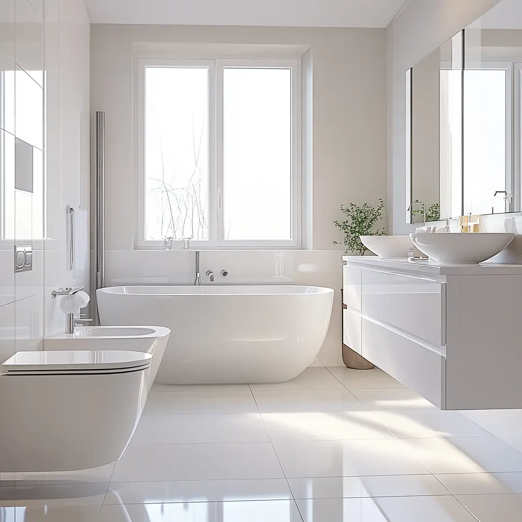 Sleek and Modern White Bathroom Design A pristine white bathroom with a modern freestanding tub and minimalist fixtures.