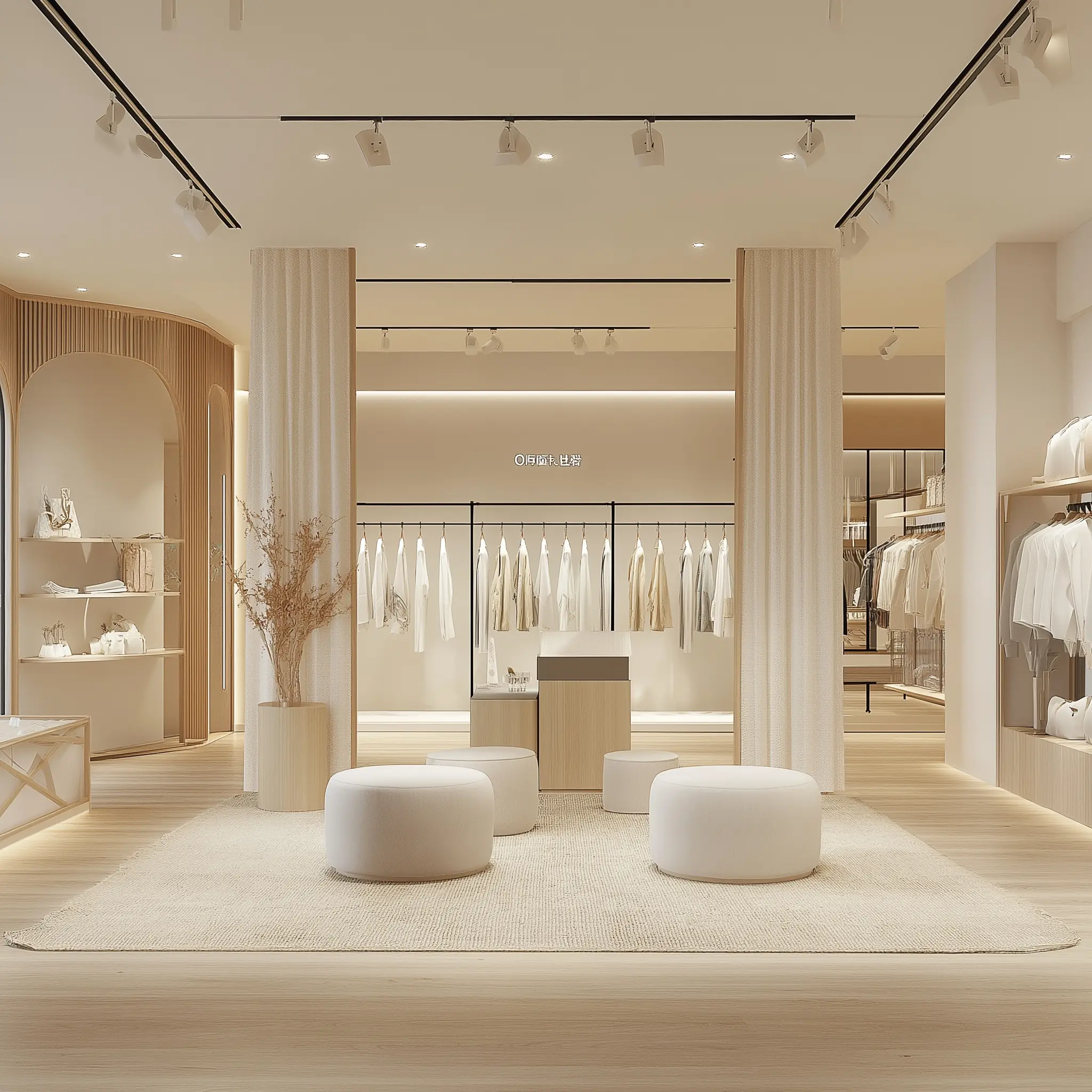 Minimalist 50-Square-Meter Women's Clothing Store Design A 3D rendering of a minimalist 50-square-meter women's clothing store with light wood flooring, white walls, and suspended clothing rails.