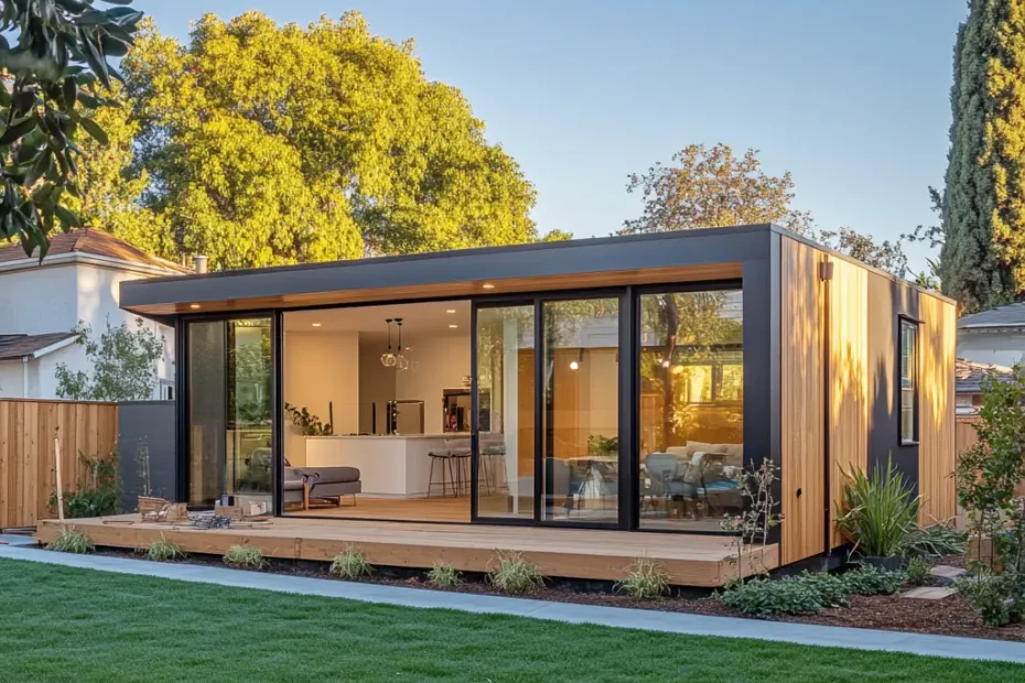 A modern ADU under construction in a California suburb. The structure features clean lines, large windows, and a contemporary design.