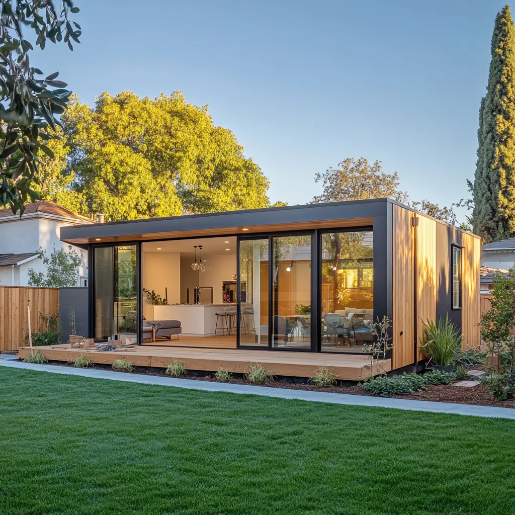 A modern ADU under construction in a California suburb. The structure features clean lines, large windows, and a contemporary design.