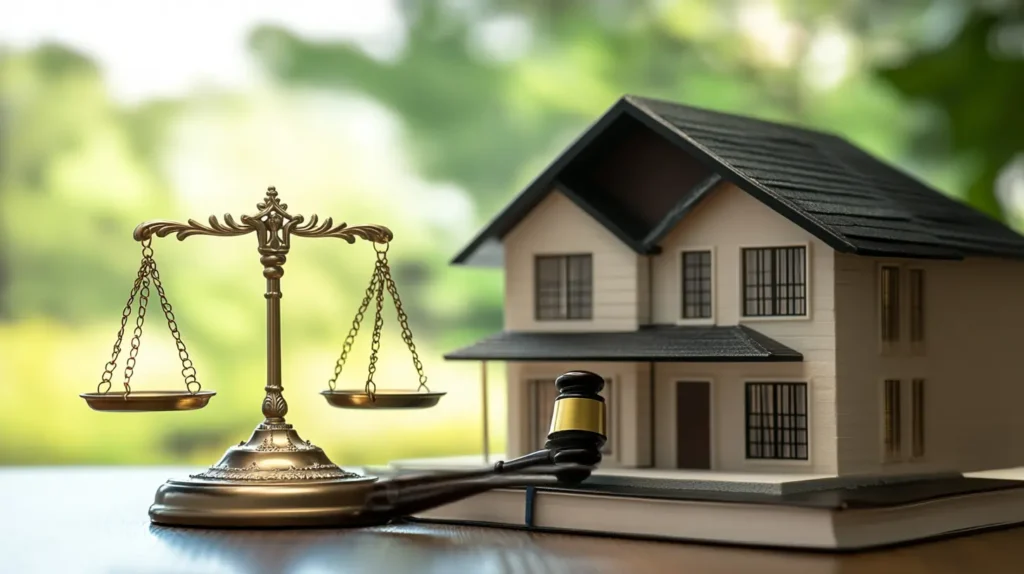 building homes A sleek, modern auction house interior with a gavel and bidding paddles on a table.