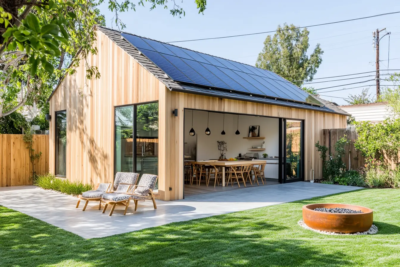 Modern Backyard Barn: A Stylish Addition to Your LA Home Architectural photography of a modern backyard barn with light wood cladding, solar panels, and a dining table outdoors.