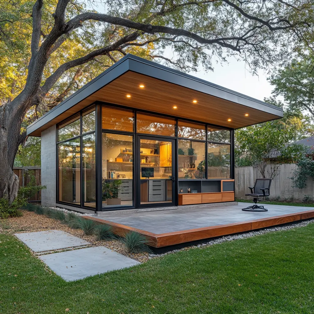 Example: A contemporary backyard office with a large, flat roof, concrete floors, and floor-to-ceiling windows.