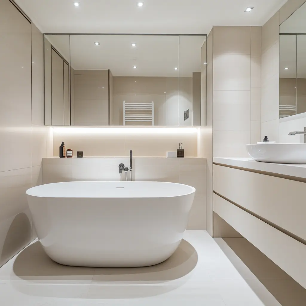 Modern Bathroom with White Bathtub and Minimalist Design A modern bathroom with a freestanding white bathtub, a round washbasin, and a square mirror.