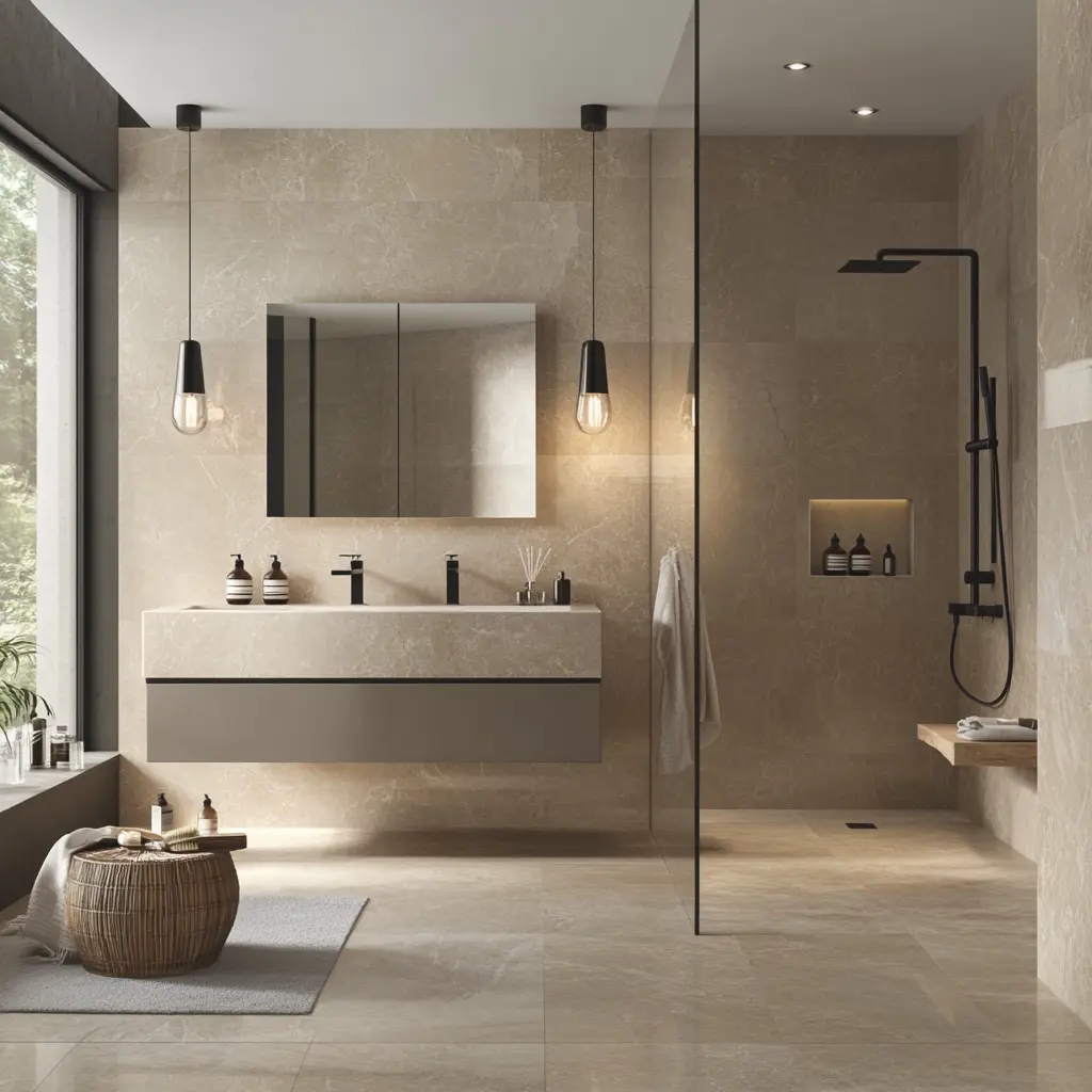 Modern Beige and Gray His and Hers Bathroom A contemporary bathroom featuring his and her sinks with beige and gray color scheme.