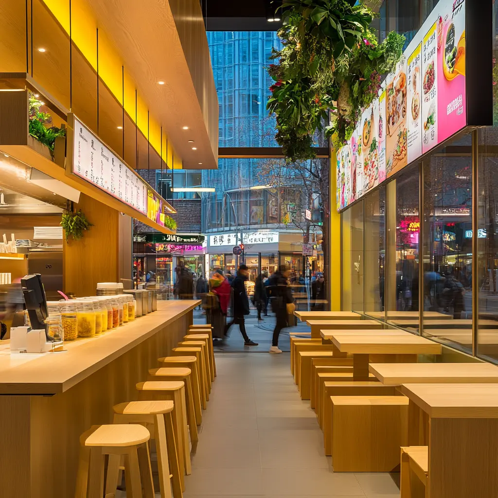 Modern Boba Shop Interior: Vibrant and Instagrammable A vibrant and modern Boba Shop interior with warm ambient lighting, sleek wooden furniture, and pops of pastel colors.