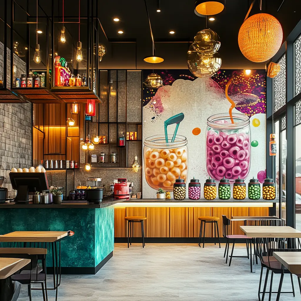 Stunning Modern Boba Tea Shop Interior Design Photorealistic rendering of a modern boba tea shop interior, showcasing a sleek bar counter with tapioca pearl jars, colorful drink machines, and cozy seating areas with small tables and stylish chairs.