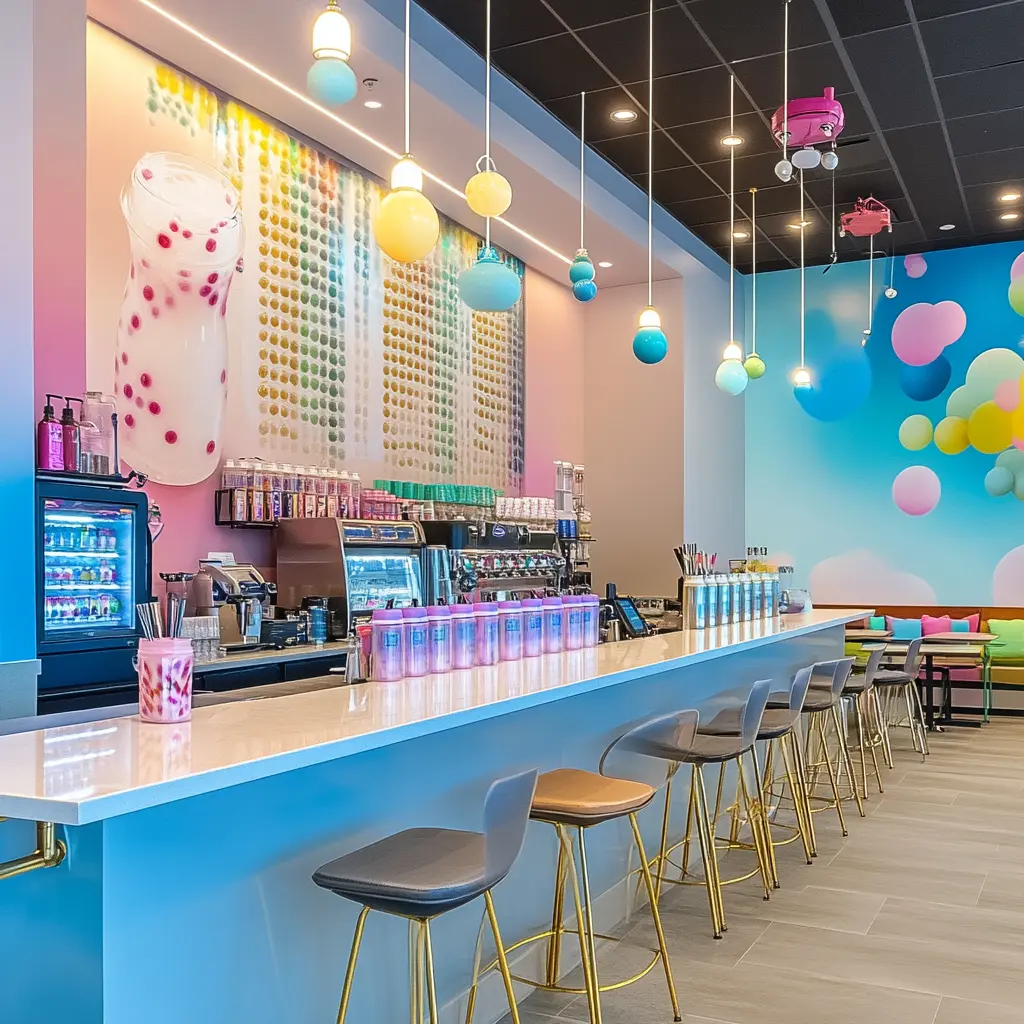 Stunning Modern Boba Tea Shop Interior Design A photorealistic rendering of a modern boba tea shop interior, showcasing a sleek bar counter with tapioca pearl jars, colorful drink machines, and cozy seating areas with small tables and stylish chairs.