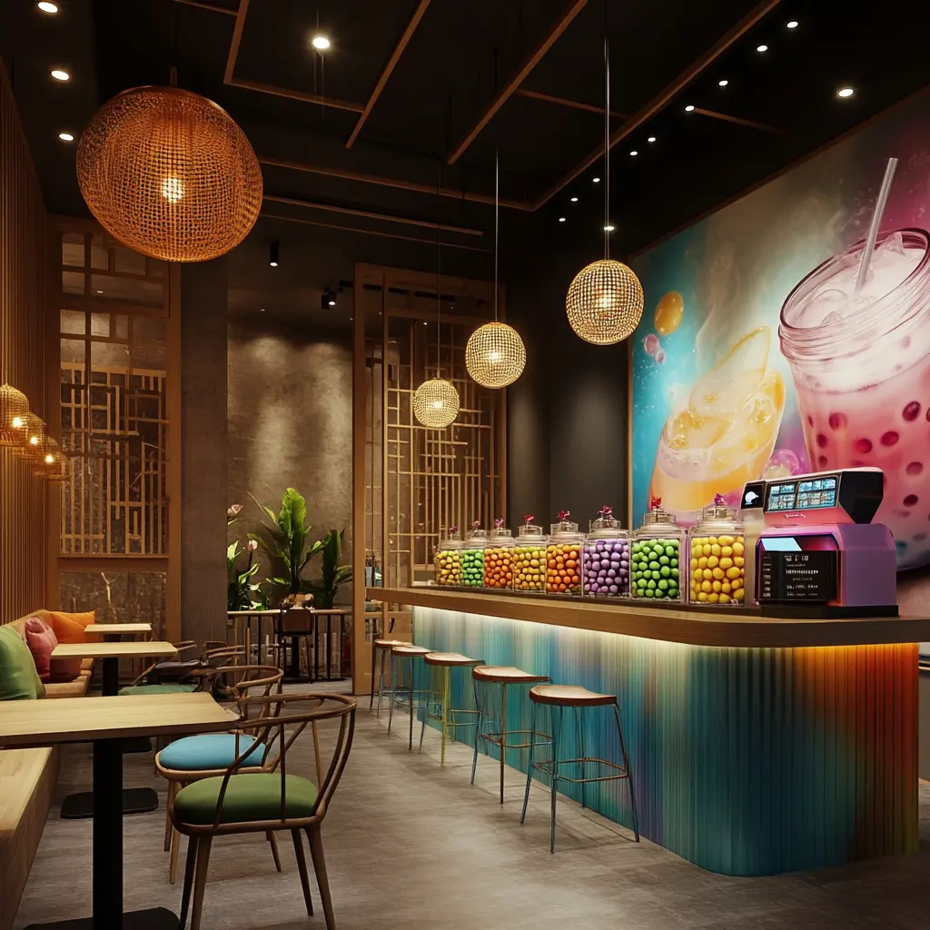 Stunning Modern Boba Tea Shop Interior Design A photorealistic rendering of a modern boba tea shop interior, showcasing a sleek bar counter with tapioca pearl jars, colorful drink machines, and cozy seating areas with small tables and stylish chairs.