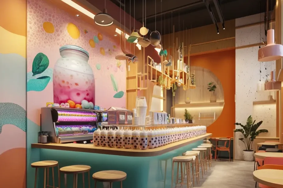 A photorealistic rendering of a modern boba tea shop interior, showcasing a sleek bar counter with tapioca pearl jars, colorful drink machines, and cozy seating areas with small tables and stylish chairs.