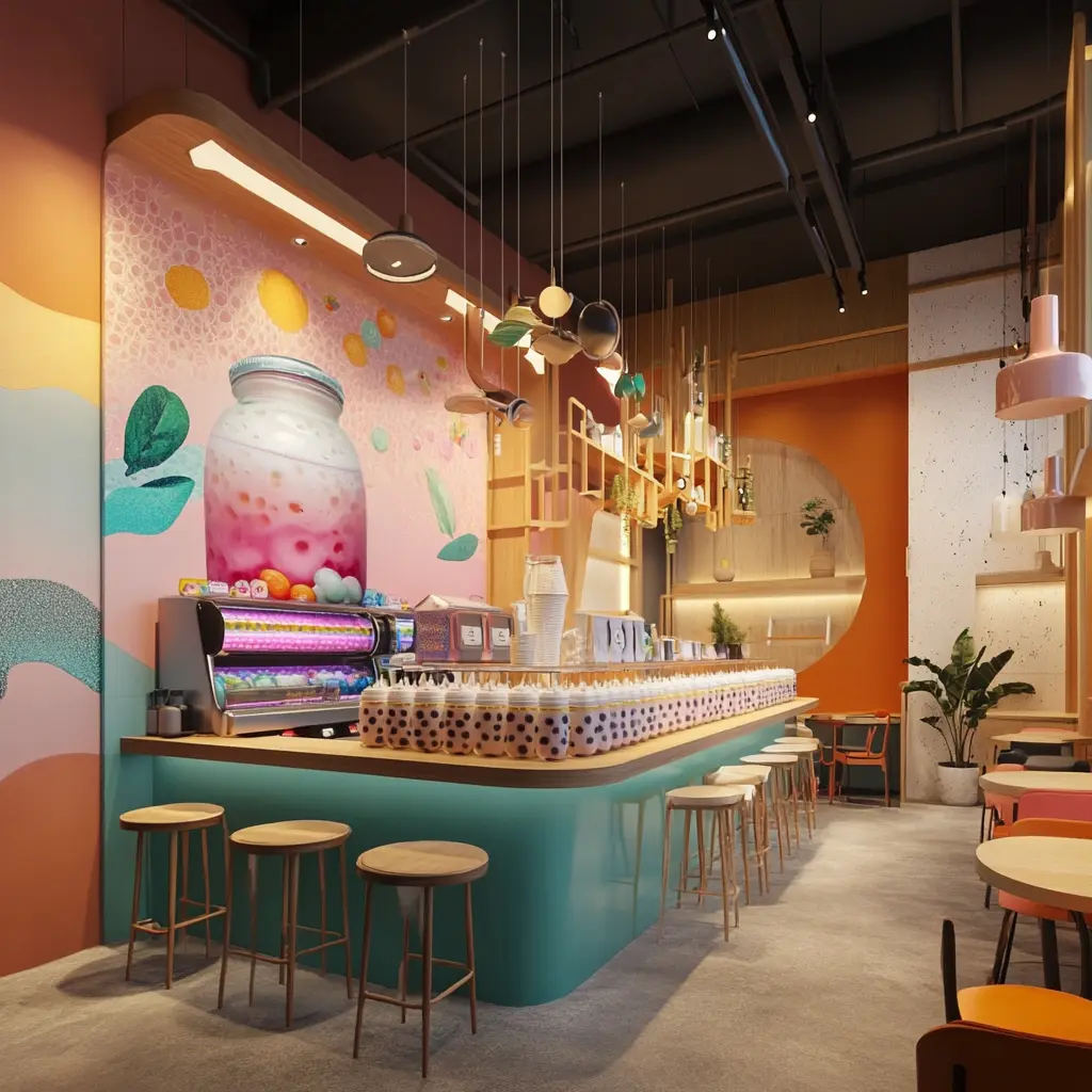 Stunning Modern Boba Tea Shop Interior Design A photorealistic rendering of a modern boba tea shop interior, showcasing a sleek bar counter with tapioca pearl jars, colorful drink machines, and cozy seating areas with small tables and stylish chairs.