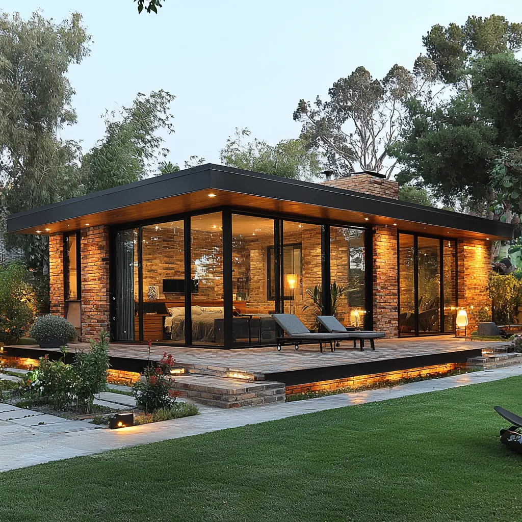 Modern Brick Cottage with a Flat Roof A modern brick cottage with a flat roof, showcasing a minimalist and contemporary design.