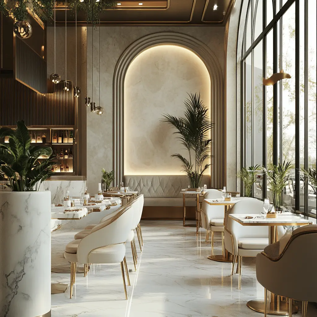 Elegant Café Interior Design: Modern and Inviting A modern café interior with marble tables, gold accents, and lush indoor plants.