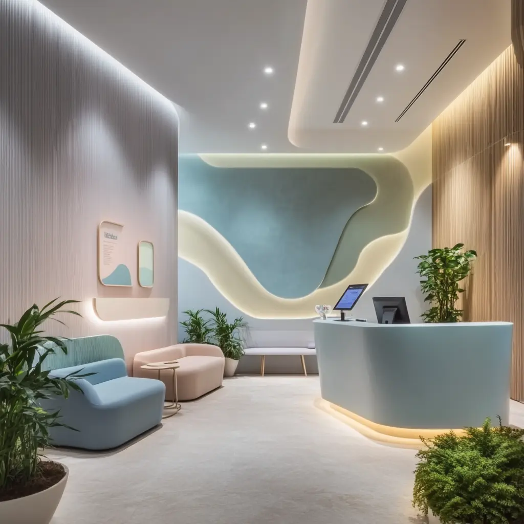 Modern Clinic Reception Area Design: Clean and Contemporary A modern clinic reception area with a clean and contemporary design, featuring pastel colors and comfortable seating.