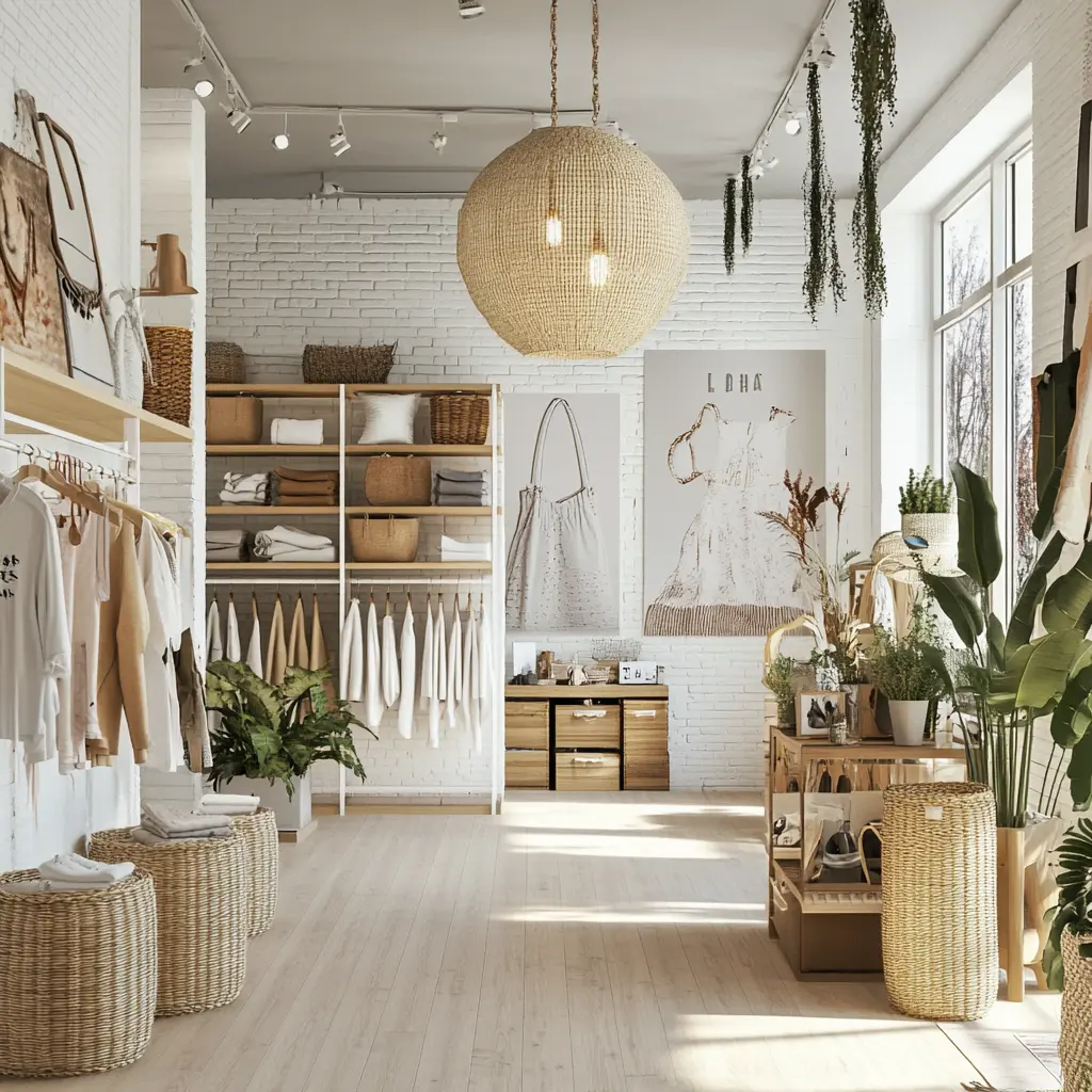Modern Clothing Store Interior Design: Live Photo Live photo of a modern clothing store interior with light wood floors, white walls, and stylish furniture.