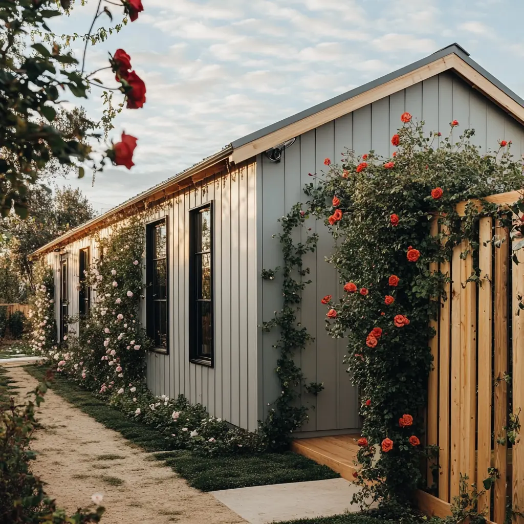 Modern Cottage: Side View of a Modular Home Side view of a modern modular home with light grey Hardiplank siding, large windows, and wooden gates with climbing roses.